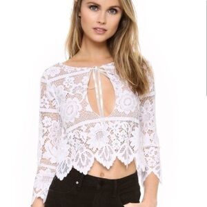 For Love & Lemons Gianna White Crochet Floral Lace Keyhole Crop Blouse
